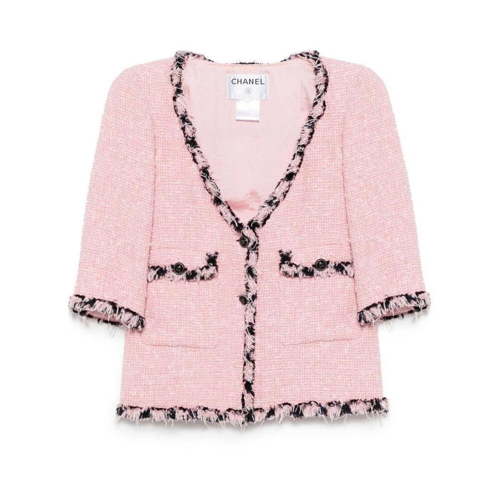 2007 CHANEL FR-34 Vintage 07P TWEED Pink Black Jacket Trim CC logo Buttons US-2 - Picture 11 of 15